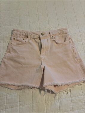 Ganni Pastel Pink Frayed Hem Denim Shorts